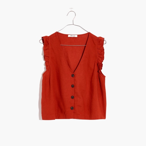 NWT Linen-Blend Ruffle Button-Front Tank - Picture 2 of 6